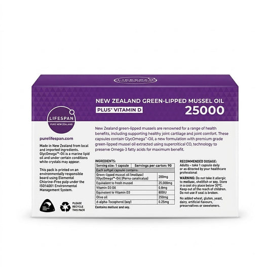 LIFESPAN Green Lipped Mussel Oil 25000mg 90 Capsules | GlycOmega™-Oil Omega-3 Joint Support | Made in New Zealand