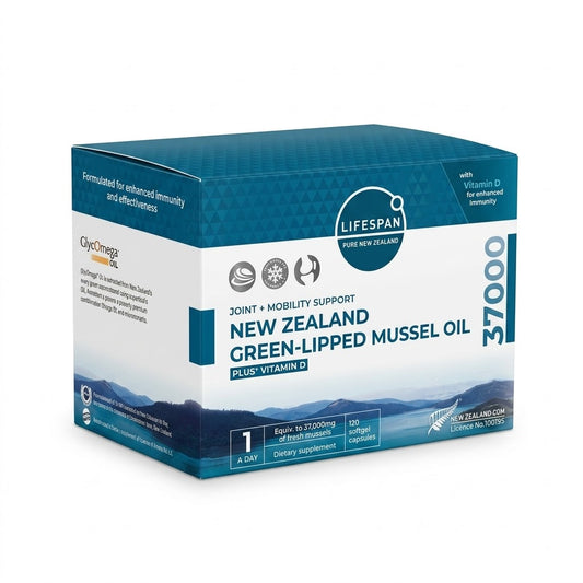 LIFESPAN New Zealand Green-Lipped Mussel Oil 37000 Plus Vitamin D 120 Softgel Capsules – Joint, Mobility & Immune Support