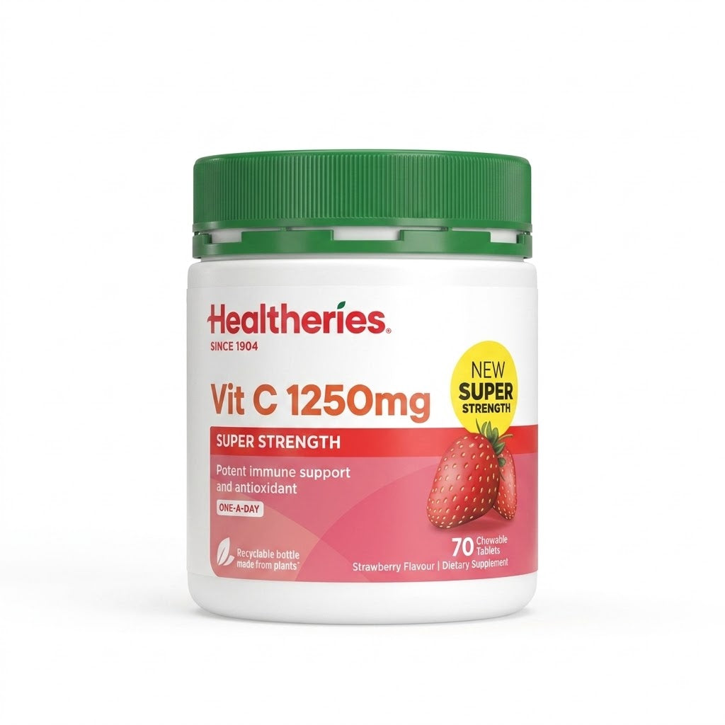 HEALTHERIES Vitamin C 1250mg Super Strength Strawberry Flavour 70 Chewable Tablets – Immune & Antioxidant Support