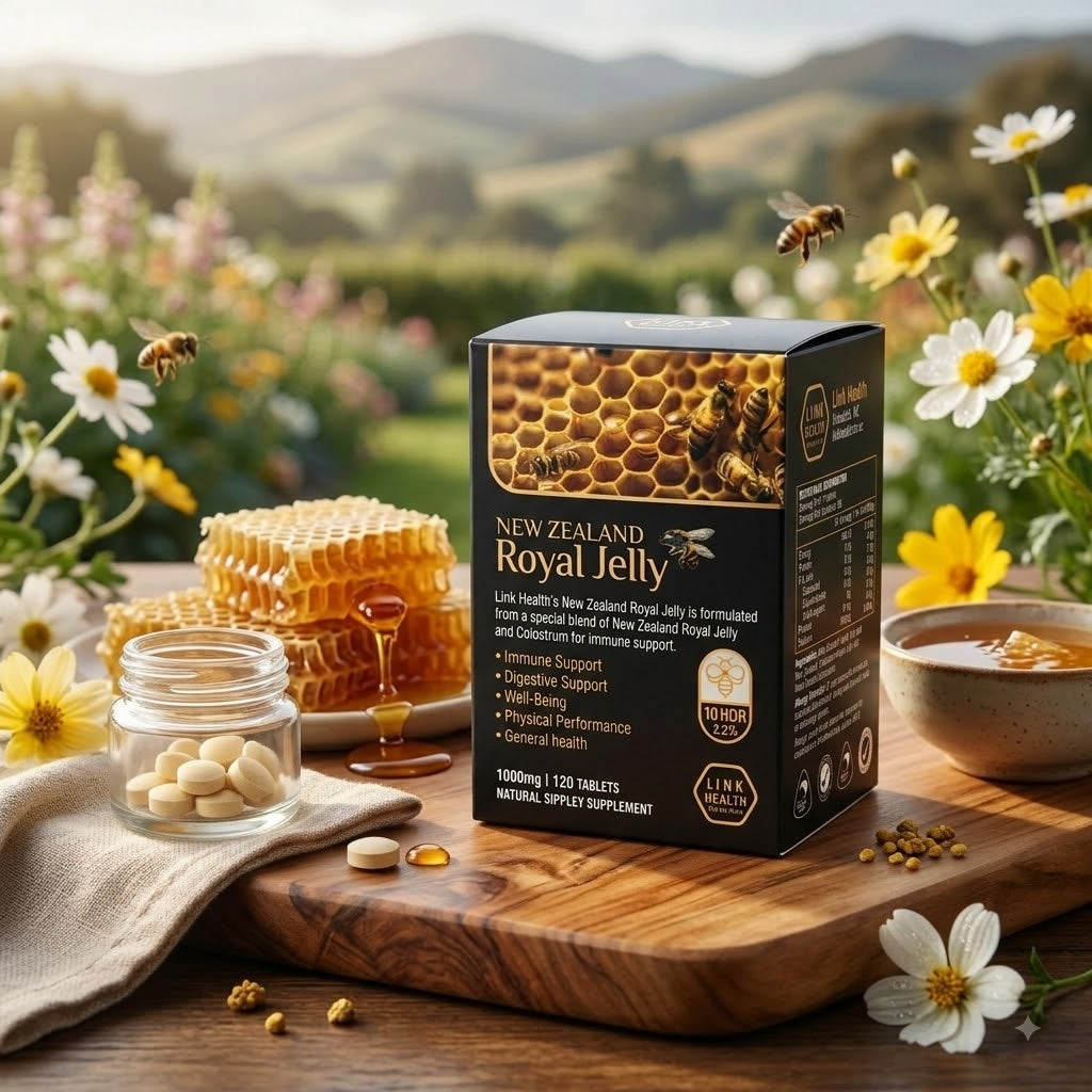 LINK HEALTH New Zealand Royal Jelly 1000mg with Colostrum 120 Chewable Tablets – Immune, Digestive & General Wellbeing Support