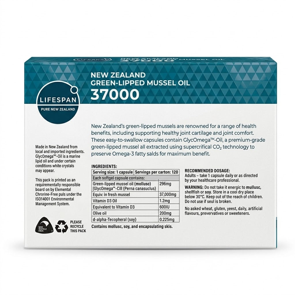 LIFESPAN New Zealand Green-Lipped Mussel Oil 37000 Plus Vitamin D 120 Softgel Capsules – Joint, Mobility & Immune Support