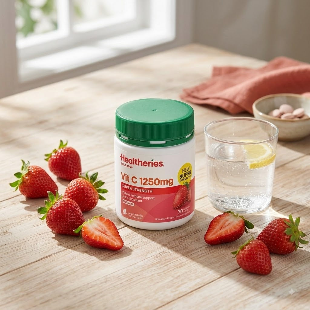 HEALTHERIES Vitamin C 1250mg Super Strength Strawberry Flavour 70 Chewable Tablets – Immune & Antioxidant Support